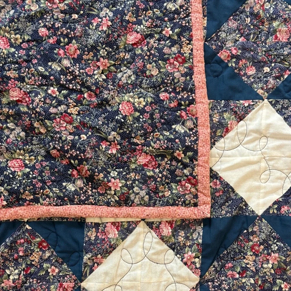 Vintage Handmade Star Patchwork Quilt Navy Pink Floral 100x101 King Queen 1999